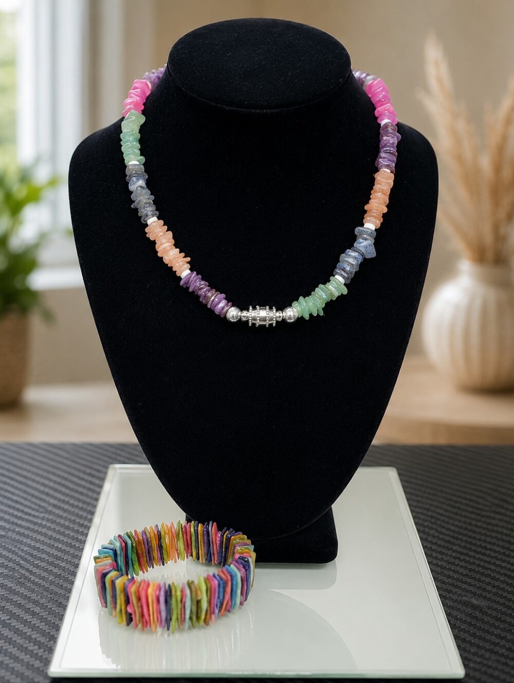 Colorful Chip Bead Necklace & Stretch Bracelet Set